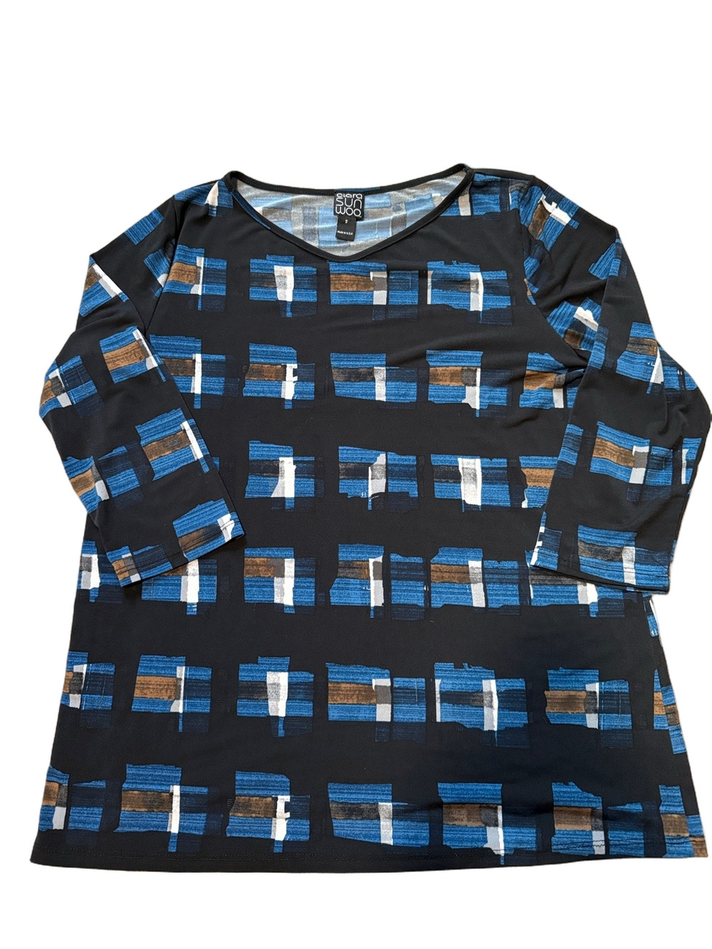Clara Sun Woo Small Black‎ /Blue Stretch Knit Jersey Top Blouse